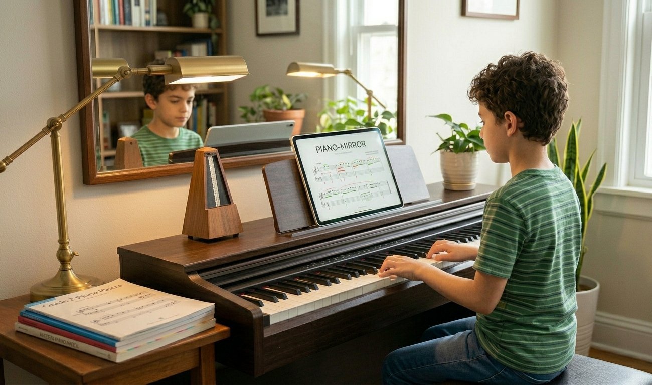 A boy practising at a digital piano with Piano Mirror on the music desk
