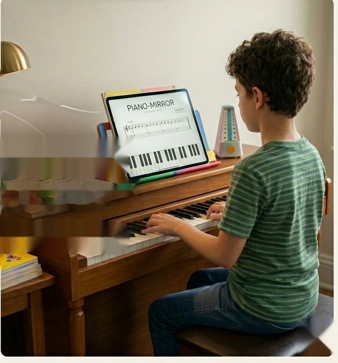 A boy playing piano with the Piano Mirror score and a metronome on the music desk