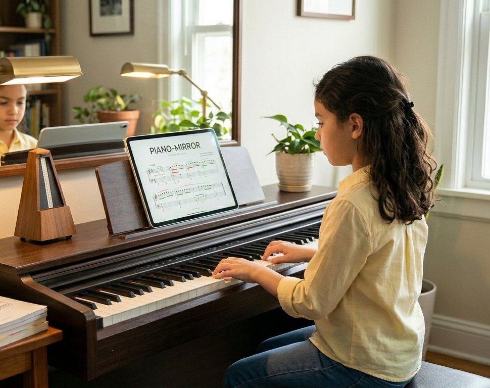 A young student playing a digital piano with the Piano Mirror score on a tablet on the music desk