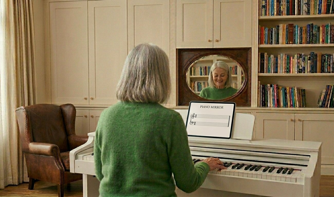An adult playing a white digital piano with the Piano Mirror score on the music desk