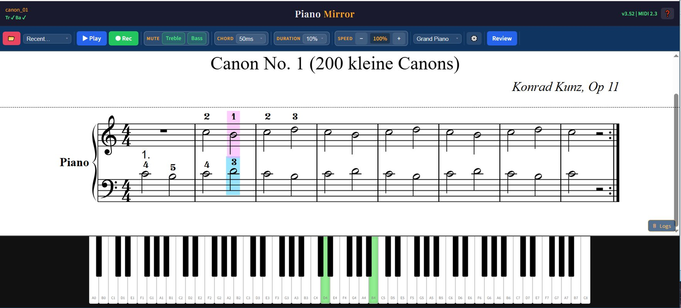 Piano Mirror playing a score with the current beat highlighted and keys lit green