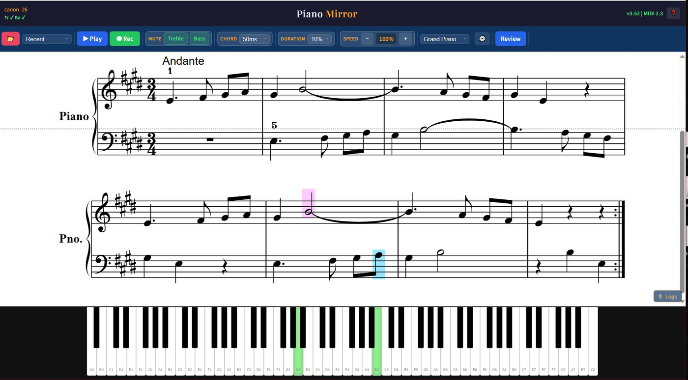 Piano Mirror with a two-system score in record mode, cursors mid-piece and the Review button visible