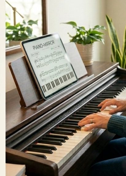 A tablet showing the Piano Mirror score sitting on a digital piano's music desk